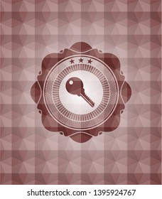 key icon inside red seamless emblem or badge with abstract geometric polygonal pattern background.