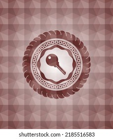 key icon inside red seamless geometric badge. 