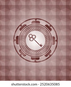 key icon inside red seamless emblem with geometric background. 