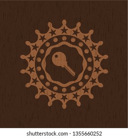 key icon inside retro style wooden emblem