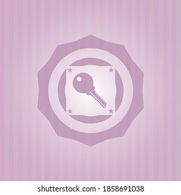 key icon inside retro style pink emblem. Conceptual design.