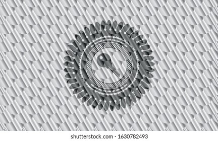 key icon inside silver badge or emblem. Scales pattern. Vector Illustration. Detailed.