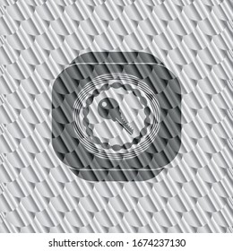 icono de la tecla dentro de la placa o emblema plateado. Patrón de escalas. Ilustración vectorial. Detallado.