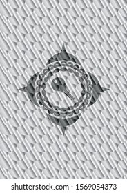 key icon inside silver shiny emblem. Scales pattern. Vector Illustration. Detailed.