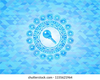 key icon inside sky blue emblem. Mosaic background