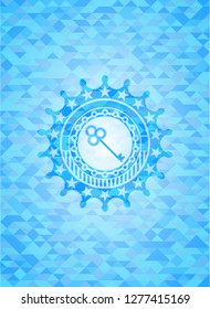 key icon inside sky blue emblem. Mosaic background