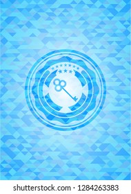 key icon inside sky blue emblem with mosaic ecological style background