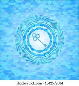 key icon inside sky blue emblem with mosaic ecological style background