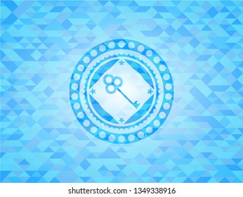 key icon inside sky blue emblem with mosaic ecological style background