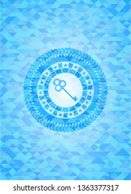key icon inside sky blue emblem. Mosaic background