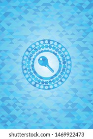key icon inside sky blue emblem with mosaic ecological style background