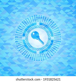 key icon inside sky blue emblem with mosaic ecological style background. 