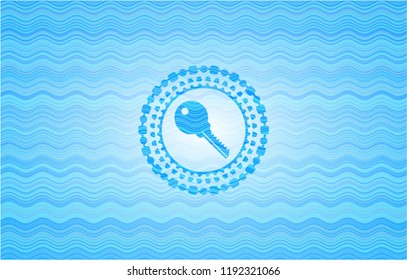 key icon inside water wave concept style badge.