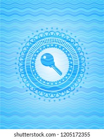 key icon inside water wave badge background.