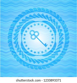 key icon inside water wave concept badge background.