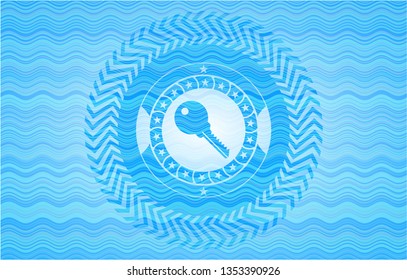 key icon inside water wave concept badge background.