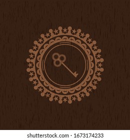 key icon inside wood emblem. Vintage.
