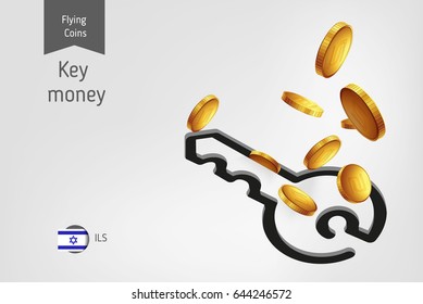 Key icon with Israeli new shekel coins, finance concept.