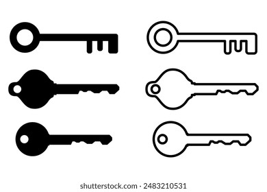 Key icon, logo, app, UI. Key icon Vector illustration, EPS format. lock and unlock symbols, monochrome and line art, key silhouette isolated on white background.