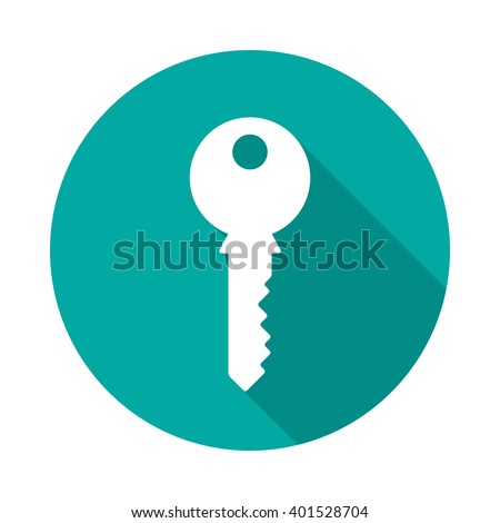 Key icon with long shadow. Flat design style. Round icon. Key silhouette. Simple circle green icon. Modern flat icon in stylish colors. Web site page and mobile app design element.