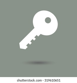 Key icon in modern style with shadow and gray background. Symbol of security and access.