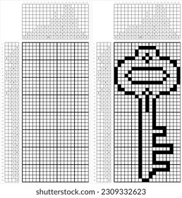 Key Icon Nonogram Pixel Art, Lock Unlock Key Vector Art Illustration, Logic Puzzle Game Griddlers, Pic-A-Pix, Picture Paint By Numbers, Picross