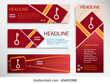 Key icon on vector website headers, business success concept. Modern abstract flyer, banner.