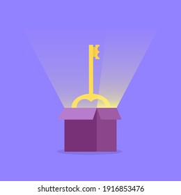 Icono de tecla en la caja de cartón abierta. La clave secreta para el éxito que está en la caja de cartón.