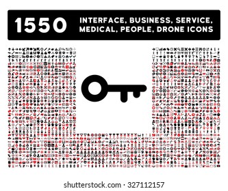 Key icon and other web interface, business, tools, people, medical service and awards vector symbols. Style is bicolor flat symbols, intensive red and black colors, rounded angles, white background.