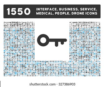 Key icon and other web interface, business, tools, people, medical service and awards vector symbols. Style is bicolor flat symbols, blue and gray colors, rounded angles, white background.