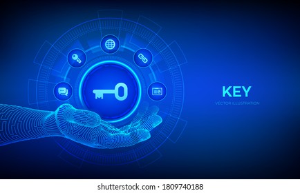 Key icon in robotic hand. Keyword. Key to success or solution. Turnkey solution and services technology concept on virtual screen. Vector illustration.