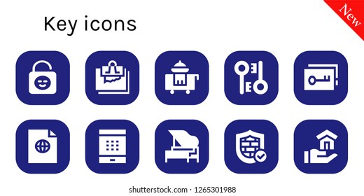  key icon set. 10 filled key icons. Simple modern icons about  - Lock, Note, Room service, Encryption, Key, File, Password, Piano, Firewall, House