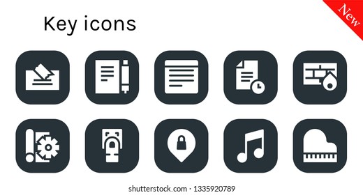 key icon set. 10 filled key icons.  Simple modern icons about  - Note, Notes, File, Firewall, Sketch, Fingerprint scan, Privacy, Music, Piano