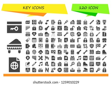  key icon set. 120 filled key icons. Simple modern icons about  - Key, File, Piano, Lockers, Room service, Musical note, Padlock, Lock, Diapason, Music, Flute, Fingerprint scan