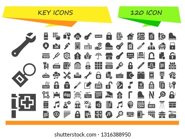 key icon set. 120 filled key icons.  Simple modern icons about  - Wrench, Red cross, Key chain, Locker, Password, Hotel Security, Door Padlock, House, Access, File, Sketch