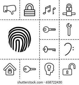 Key icon. set of 13 outline keyicons such as lock, opened lock, dislike, bass clef, note, lock home, key, keyhole in head, fingerprint