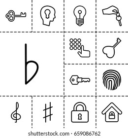 Key icon. set of 13 outline keyicons such as lock, heart key, musical sharp, bemol, lock home, key, hand with key, fingerprint, treble clef