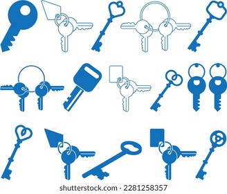 Schlüsselsymbol-Set, 15-Schlüssel-Schloss-Icon-Set blauer Vektorgrafik