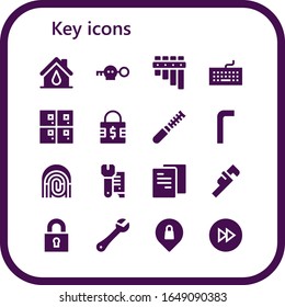 key icon set. 16 filled key icons.  Simple modern icons such as: House, Key, Flute, Keyboard, Lockers, Padlock, File, Allen keys, Fingerprint, Wrench, Lock, Privacy, Forwards