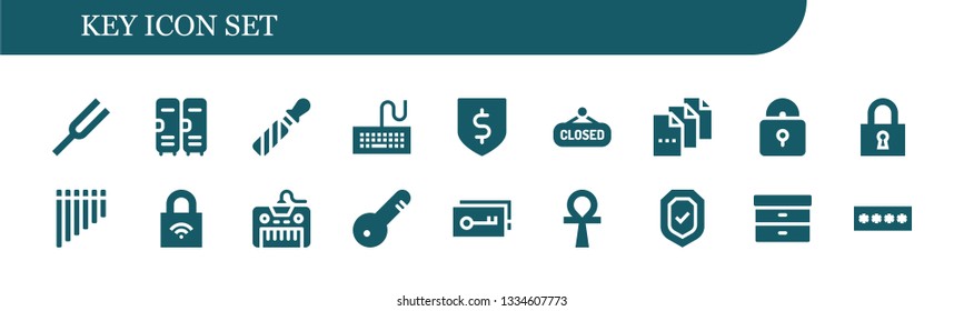 key icon set. 18 filled key icons.  Simple modern icons about  - Diapason, Lockers, File, Keyboard, Protection, Closed, Padlock, Lock, Flute, Door key, Ankh, Security, Filing