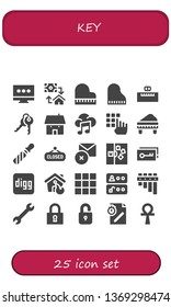 key icon set. 25 filled key icons.  Collection Of - Password, Mortgage, Piano, Keys, House, Music, File, Closed, Delete, Note, Key, Digg, Keypad, Access, Flute, Wrench, Lock, Unlock