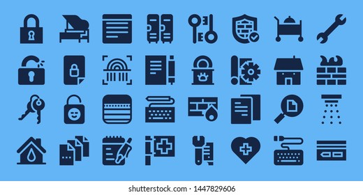 key icon set. 32 filled key icons. on blue background style Simple modern icons about  - Lock, Unlocked, Keys, House, Piano, Locked, File, Notes, Fingerprint, Lockers, Note, Keyboard