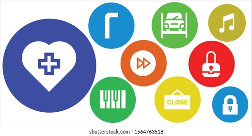 key icon set. 9 filled key icons.  Collection Of - Red cross, Allen keys, Repairing, Piano, Close, Forwards, Padlock, Music icons