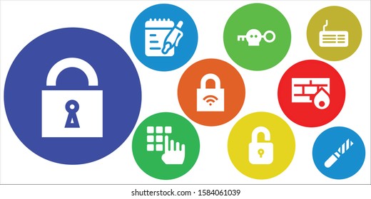 key icon set. 9 filled key icons.  Simple modern icons about  - Lock, Notes, Key, Password, Unlock, Firewall, Keyboard, File
