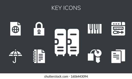 key icon set. 9 filled key icons. Included Lockers, Notes, Lock, Protection, File, Repair, Hotel key, Piano icons
