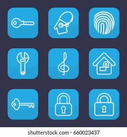 Key icon. set of 9 outline key icons such as wrench, lock, home lock, fingerprint