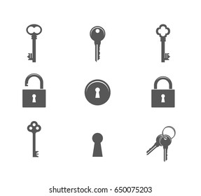 Key. Icon set. Abstract keys and padlocks on white background