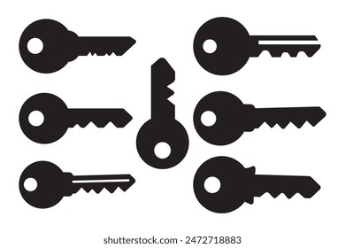 Key icon set. Antique key silhouettes. Medieval and modern keys, black vintage shapes set. privacy and escape. Open door symbols vector elements,