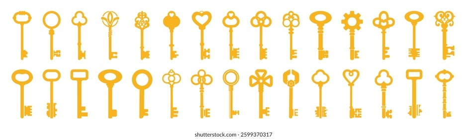 Key icon set. Set of black silhouettes of door keys.  Vintage key antique door key isolated on transparent. 