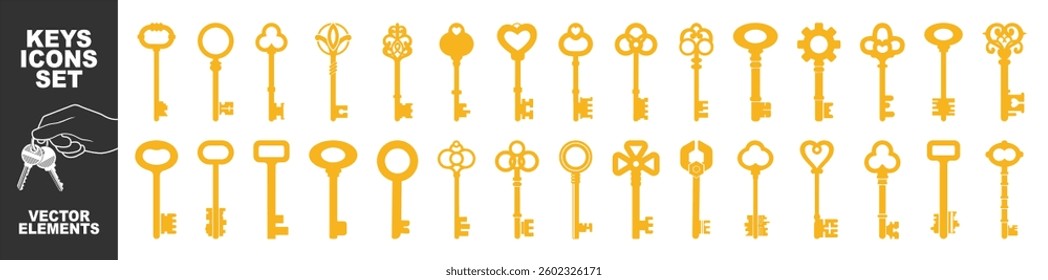 Key icon set. Set of black silhouettes of door keys.  Vintage key antique door key isolated on transparent. 